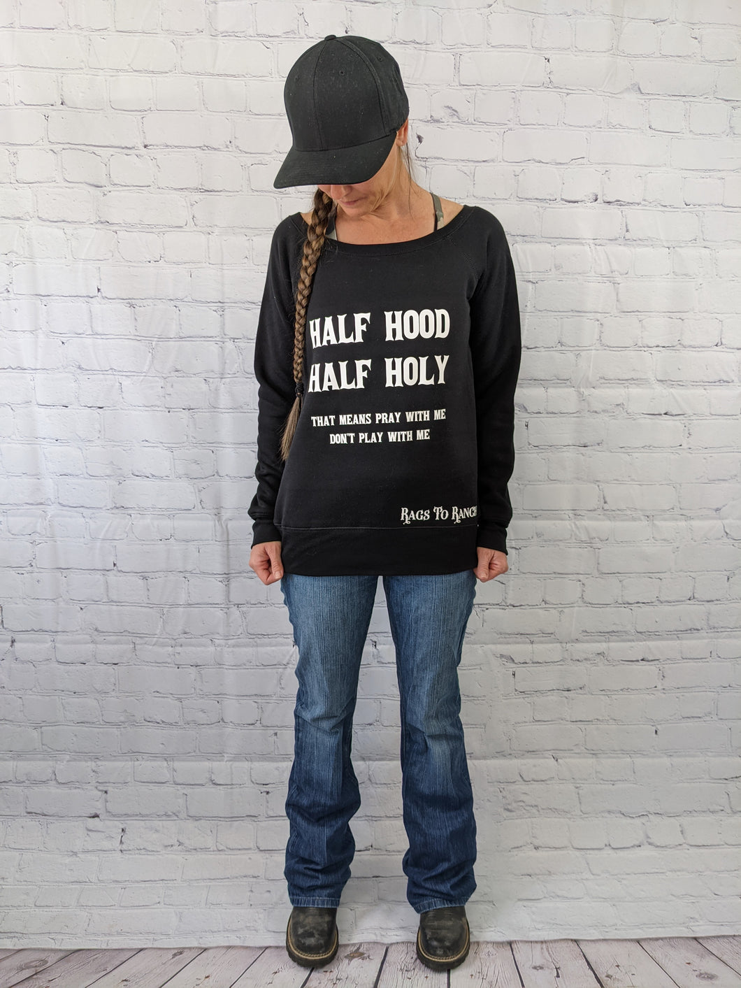 Half Hood Half Holy Wide Neck Sweatshirt